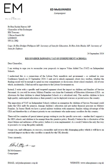 Letter to Chancellor on VAT